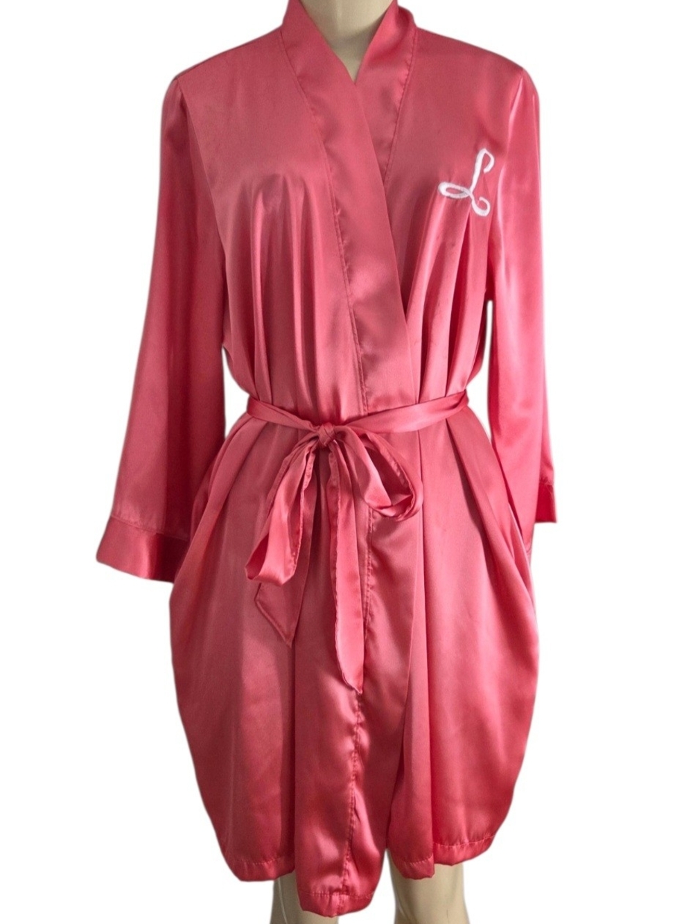 Pink Satin Robe Monogram L Belted Sleepwear Lounge Robe Medium
